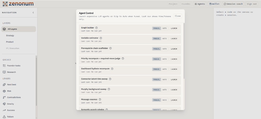 Agent control modal with manual, auto, and launch modes